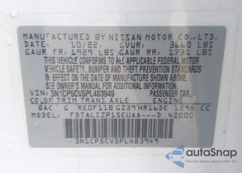 2023 Nissan Kicks Sv Xtronic Cvt z USA, uszkodzony, nr VIN 3N1CP5CV5PL483949